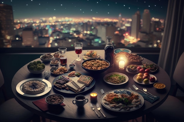 Cerrar variedad de mesa con comida árabe durante la comida iftar en ramadán IA generada