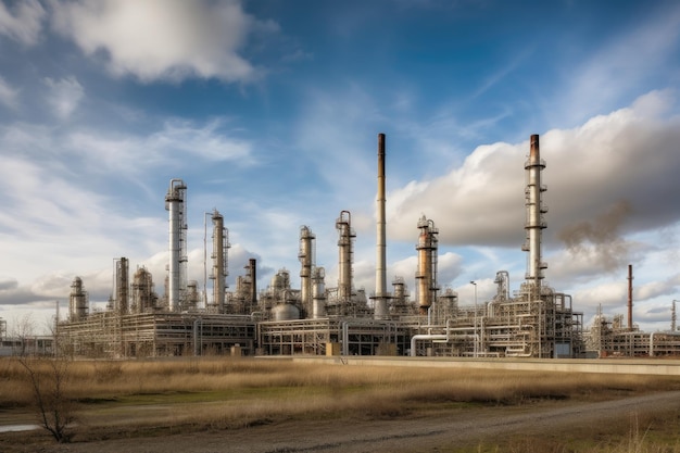 Cerrar vista industrial en la zona industrial de la forma de la planta de refinería de petróleo con amanecer y cielo nublado