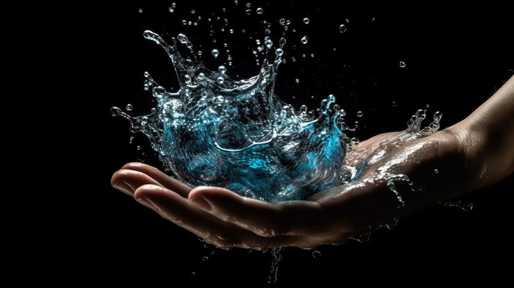 Cerrar vista de manos humanas con salpicaduras de agua sobre fondo negro generativo ai