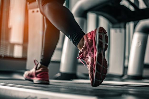 Cerrar en zapato, mujeres corriendo en un gimnasio en una cinta de correr.Ejercicio de concepto.fitness y estilo de vida saludable