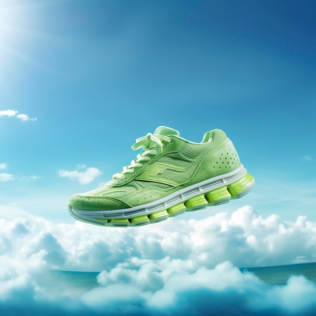 Cerrar zapatos deportivos verdes en un nivel del mar azul con cielo azul y nubes blancas fondo de luz brillante Anuncio creativo AI Generativo