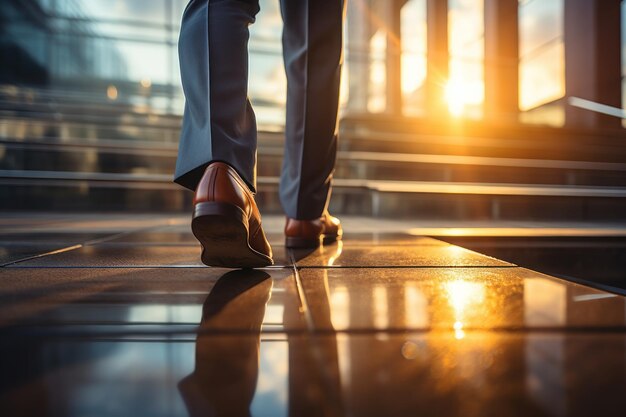 Cerrar los zapatos de un hombre de negocios subiendo las escaleras hacia un edificio de oficinas de vidrio IA generativa