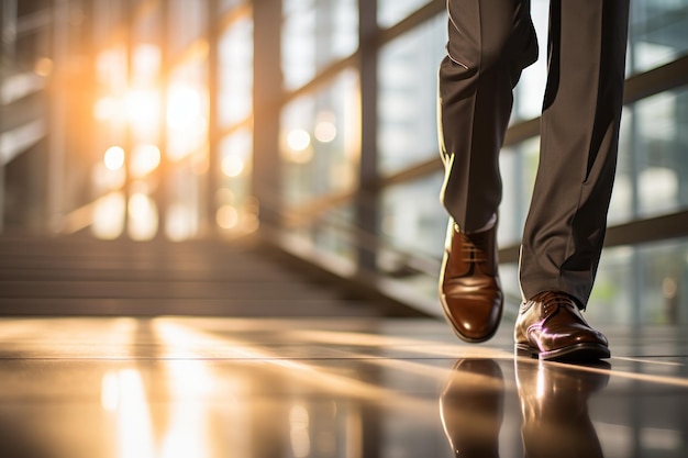 Cerrar los zapatos de un hombre de negocios subiendo las escaleras hacia un edificio de oficinas de vidrio IA generativa