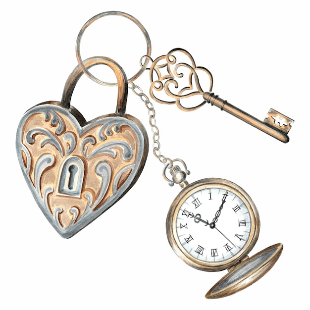 Cerrojo en forma de corazón de acuarela con llave y reloj de bolsillo vintage en cadena