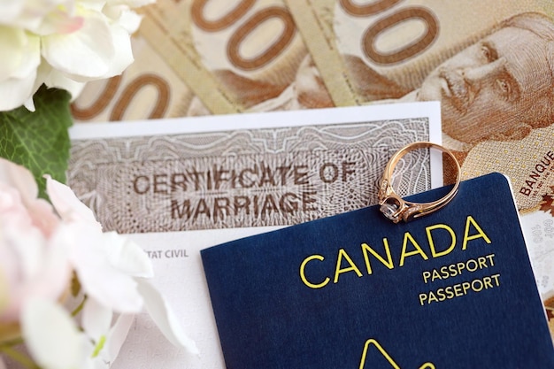 Certificado de casamento canadense e anel de casamento com dólares canadenses e passaporte fechado