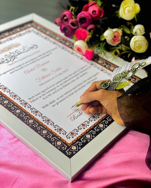 Foto certificado de nikkah salve a maquete do quadro de data