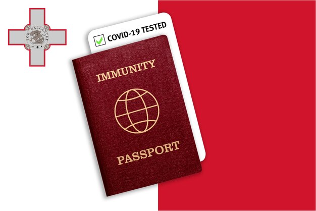 Certificado de viagem após pandemia para pessoas que tiveram coronavírus ou produziram vacina e resultado do teste para covid-19 na bandeira de malta