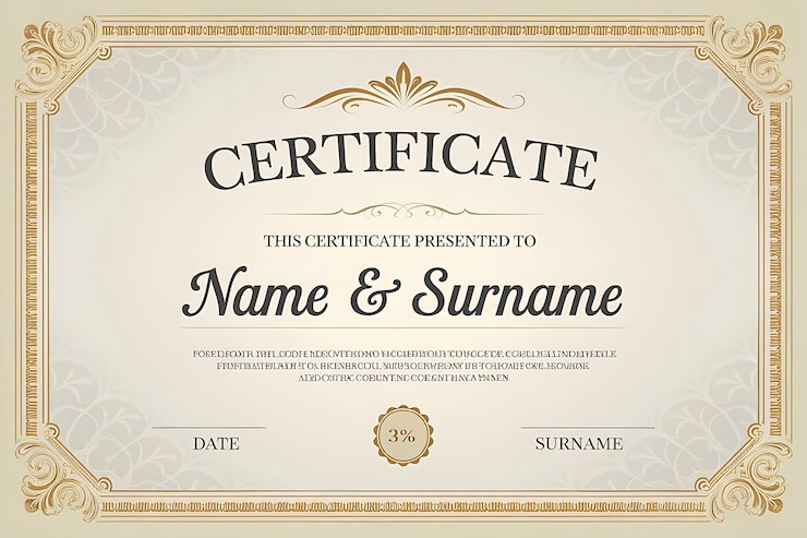 Foto certificado formal com padrões de ouro ornamentados e texto elegante em cursiva para reconhecimento