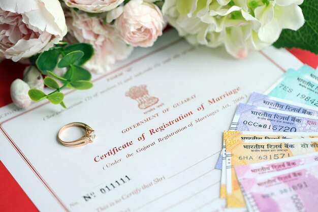 Certificado indio de registro de matrimonio documento en blanco y anillo de boda con dinero de rupias en