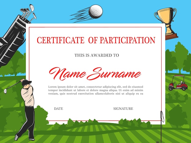 Foto certificado de participación en torneo de golf