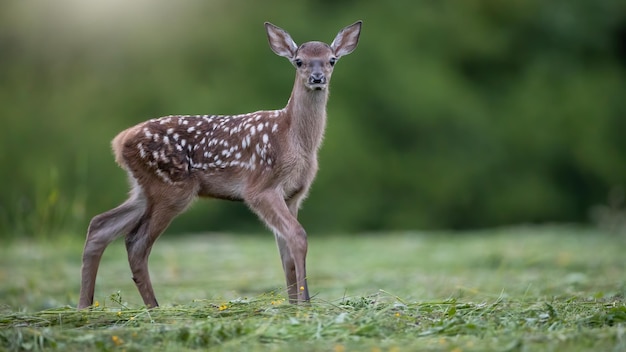 Cervatillo de ciervo rojo caminando sobre un prado recién cortado en la naturaleza de verano