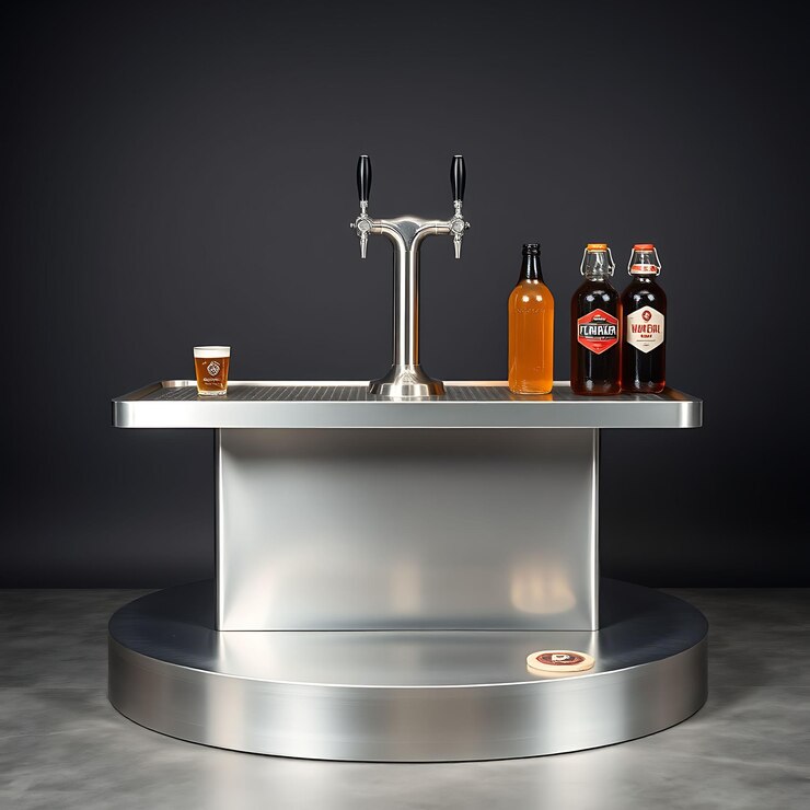 Foto cervecería artesanal con grifos de cerveza y growlers en un podio industrial de dos niveles de acero inoxidable