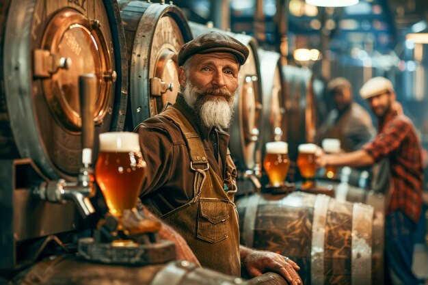 Foto cervecero barbado sonriente en delantal presentando cerveza artesanal en la cervecería con barriles de madera y colegas