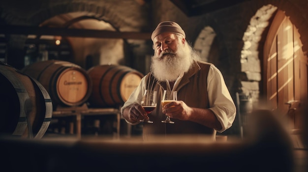 Un cervecero prueba cerveza artesanal en una cervecería con una gran colección de barricas de roble IA generativa