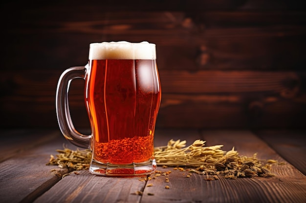 Cerveja âmbar em um copo de cerveja sobre uma mesa de madeira