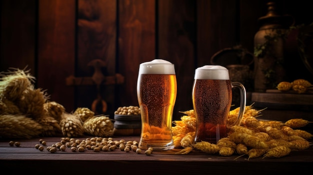 cerveja artesanal diferentes maltes e lúpulo sobre um fundo de madeira