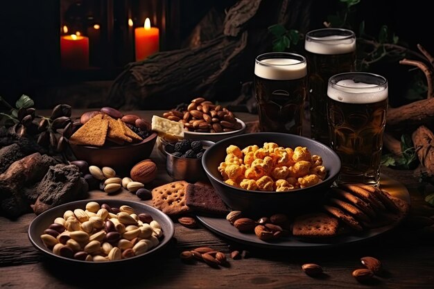 Cerveja artesanal escura com petiscos, incluindo lascas de pistache e nozes servidas em pratos ao lado de cerveja preta