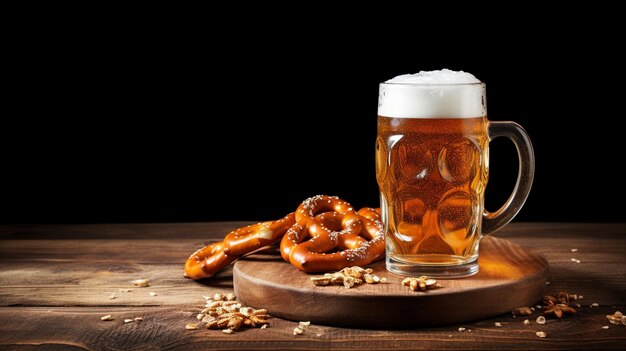 Foto cerveja com pretzels na mesa