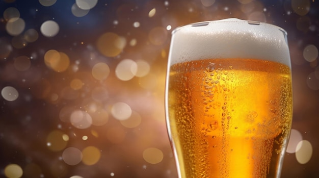 Cerveja de espuma fechada e copo de álcool no restaurante da boate e festa para comemorar o ano novo