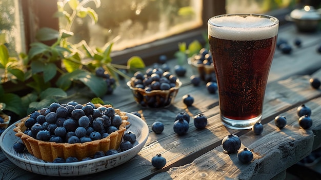 Cerveja de mirtilo escuro e mirtilos frescos em mesa de madeira No fundo, uma área rural gerada por IA