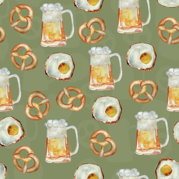 Cerveja de ovo frito com padrão sem costura de aquarela de pretzel de espuma