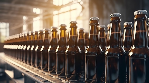 Cerveja de vidro marrom beber garrafas de álcool cervejaria transporte progrediu linha de era gerada por IA