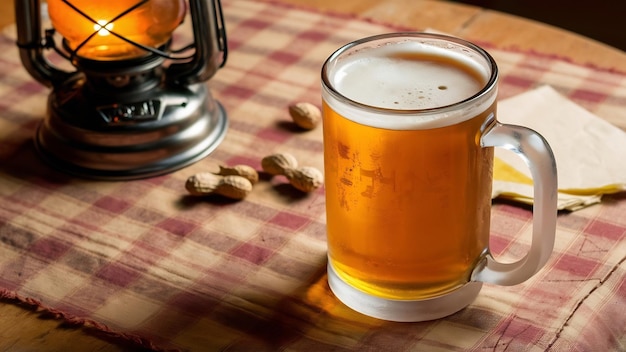 Foto cerveja dentro da caneca na mesa de madeira