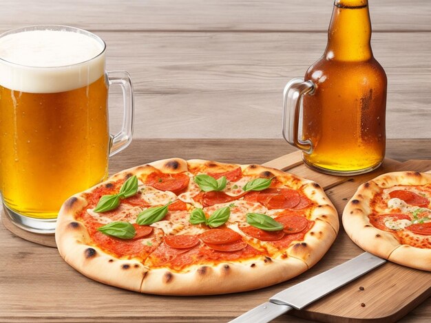 Cerveja e pizza caseira numa mesa de madeira.