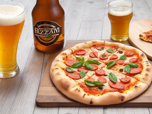 Cerveja e pizza caseira numa mesa de madeira.