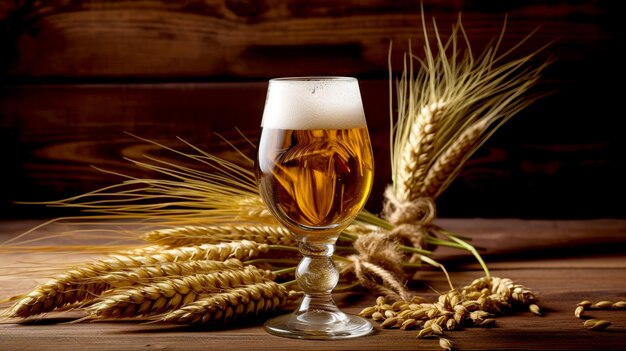 cerveja e trigo em uma mesa de madeira mesa de madeira e interior escuro do bar fundo de cerveja AI gerado