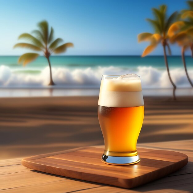 Foto cerveja em mesa de madeira com fundo de praia desfocado