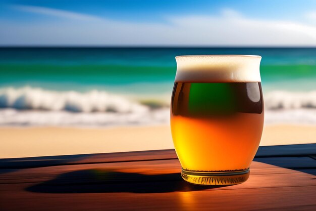Foto cerveja em mesa de madeira com fundo de praia desfocado