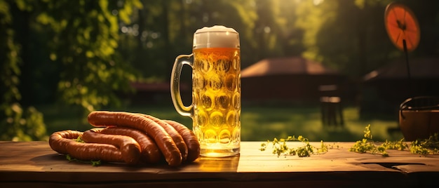 Cerveja em uma caneca de cerveja em uma mesa de madeira com salsicha