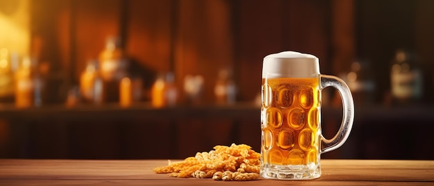 Cerveja em uma xícara de cerveja em uma mesa de madeira com um lanche de cerveja