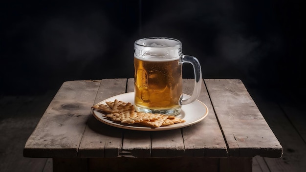 Foto cerveja em xícara e trigo em mesa de madeira e fundo preto