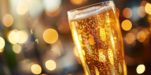 cerveja espumante em um copo de perto magnífico com bokeh luz fundo desfocado