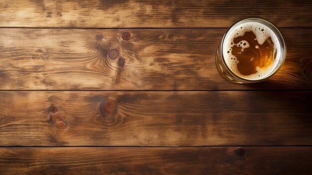Cerveja fermentada na mesa de madeira com vista superior e padrão plano