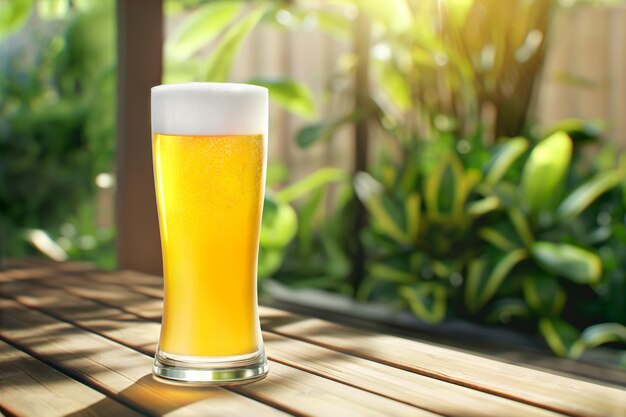 Cerveja leve em um copo em uma mesa de madeira contra um fundo de árvores tropicais