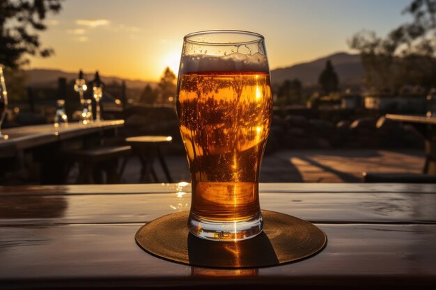 Cerveja na mesa com uma vista da cidade em fundo foto de alta qualidade