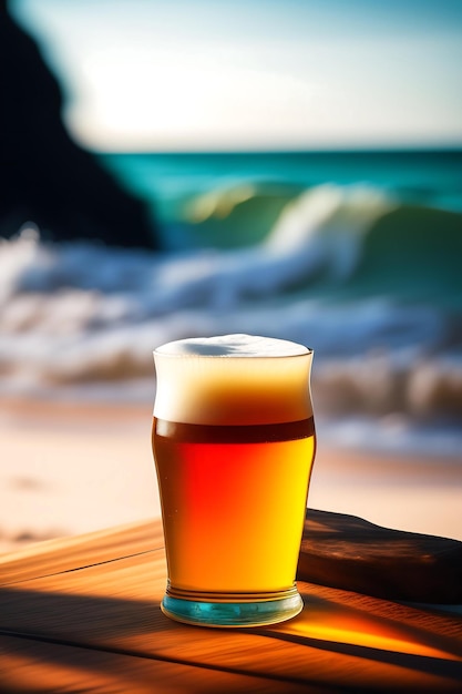 Foto cerveja na mesa de madeira com fundo de praia desfocado