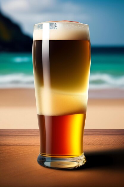 Cerveja na mesa de madeira com fundo de praia desfocado