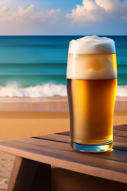 Cerveja na mesa de madeira com fundo de praia desfocado