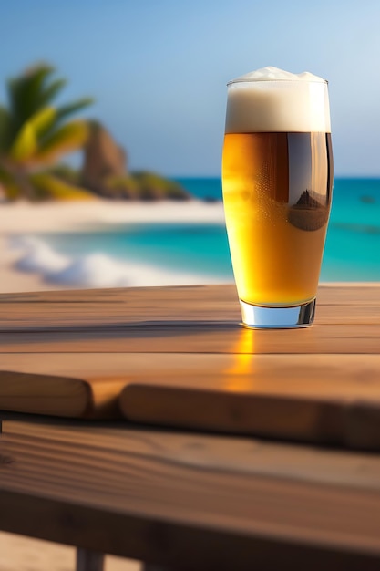 Cerveja na mesa de madeira com fundo de praia desfocado