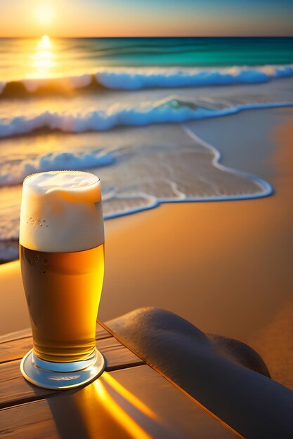 Foto cerveja na mesa de madeira com fundo de praia desfocado