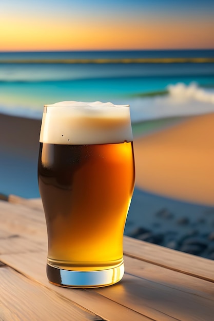 Cerveja na mesa de madeira com fundo de praia desfocado