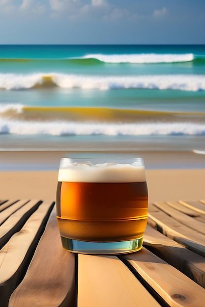 Cerveja na mesa de madeira com fundo de praia desfocado