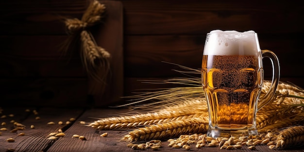 Cerveja Oktoberfest com trigo e lúpulo em mesa de madeira