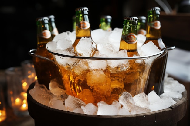 Cerveja refrescante espera em balde refrigerado aninhado em meio a um abraço frio de gelo para a perfeição