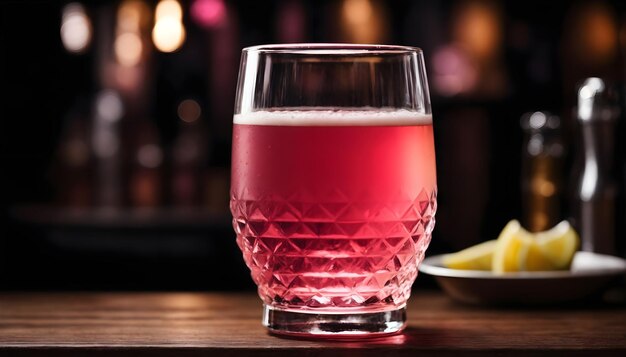 Cerveja rosa enchida em um grande copo na mesa de madeira em fundo de luzes bokeh com espaço de cópia