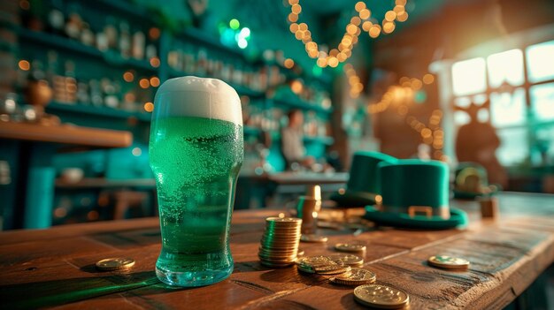 Foto cerveja verde em um pub irlandês com decoração do dia de são patrício, chapéu verde e moedas de ouro.